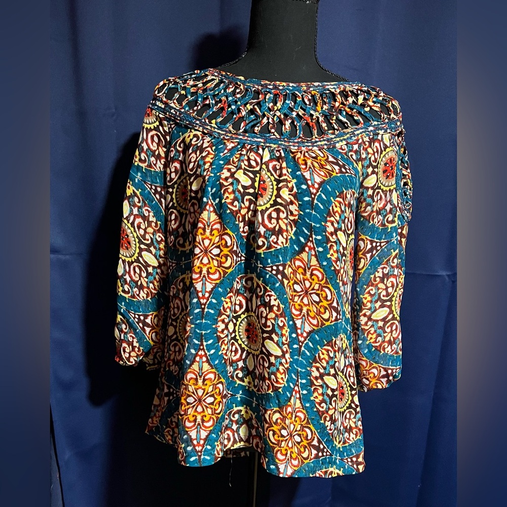 Umgee Blue and Orange Patterned Blouse